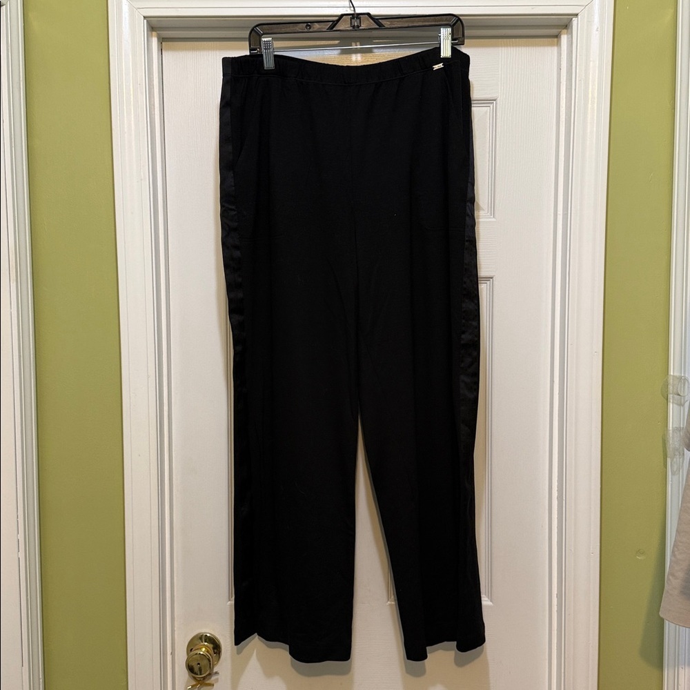 St John Black Knit Tuxedo Stripe Pants Elastic Waist Straight Leg XL